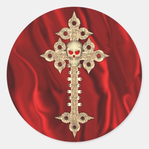 Gothic Golden Cross and Skull Halloween Classic Round Sticker