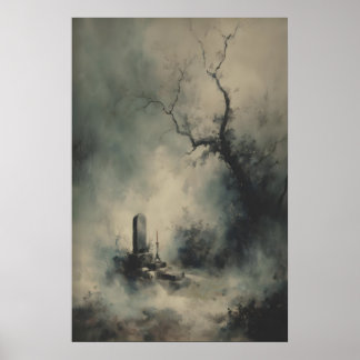 Gothic Grave Under Foggy Trees Dark Halloween Poster