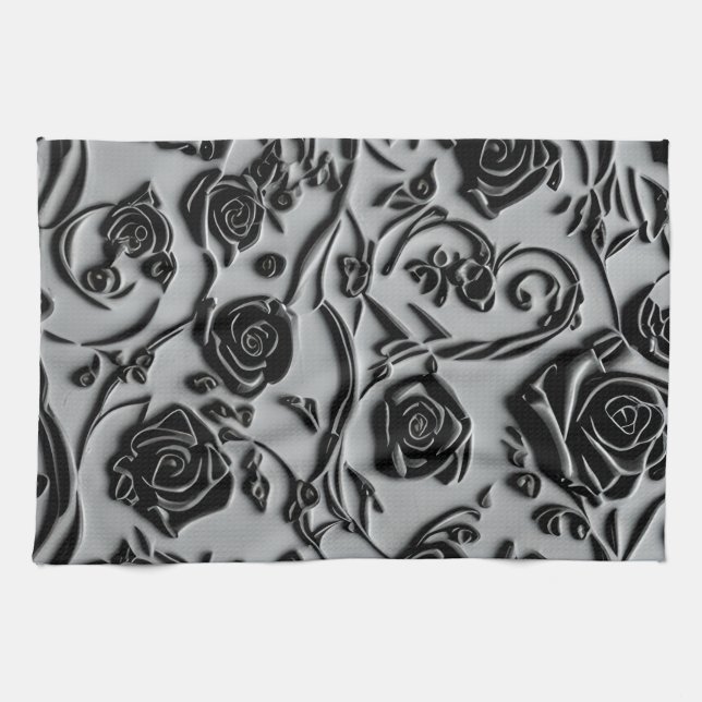 Gothic Graveyard Black Roses Pattern Kitchen Towel (Horizontal)