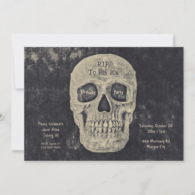 Gothic Gray Beige Skull Birthday RIP To His 20s Invitation (Front)