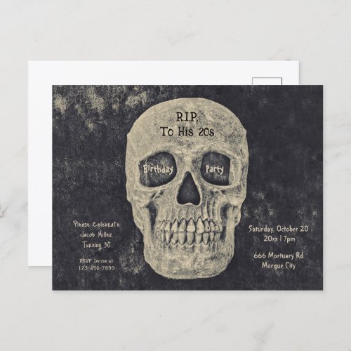 Gothic Gray Beige Skull Birthday RIP To His 20s Invitation Postcard