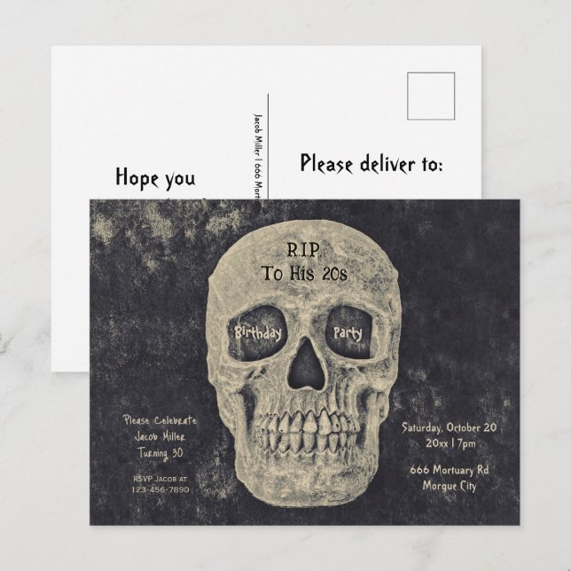 Gothic Gray Beige Skull Birthday RIP To His 20s Invitation Postcard (Front/Back)