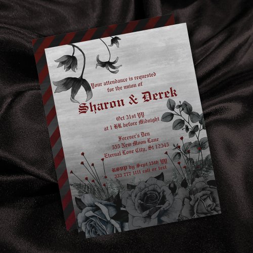 Gothic Gray Black Floral Red Lettering Wedding Invitation