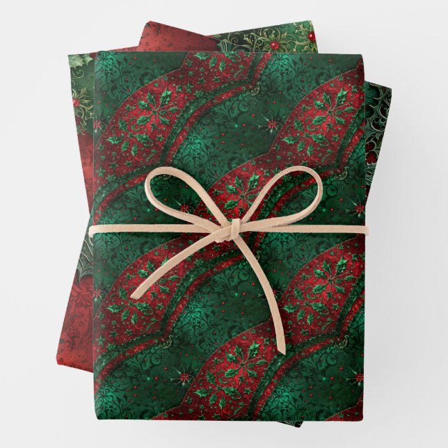 Gothic Green and Red Christmas Wrapping Paper Sheets (In situ)