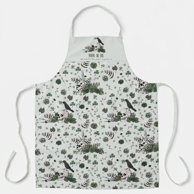 Gothic Green Bride or Die Floral Skull Wedding Apron (Front)