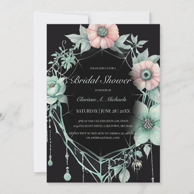 Gothic Green Mint Floral Spider Web Bridal Shower Invitation (Front)