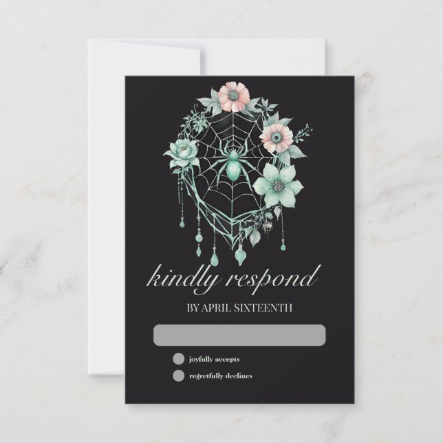 Gothic Green Mint Floral Spider Web Handfasting RSVP Card (Front)