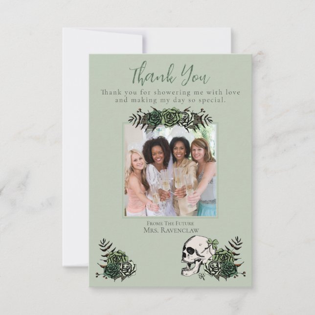 Gothic Green Skull and Flowers Irish Bridal Shower Thank You Card (Front)