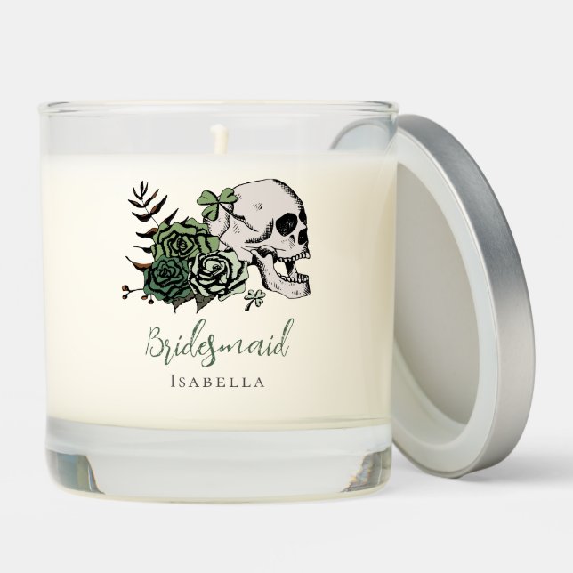 Gothic Green Skull & Roses Bridesmaid Gift Scented Candle (Lid)
