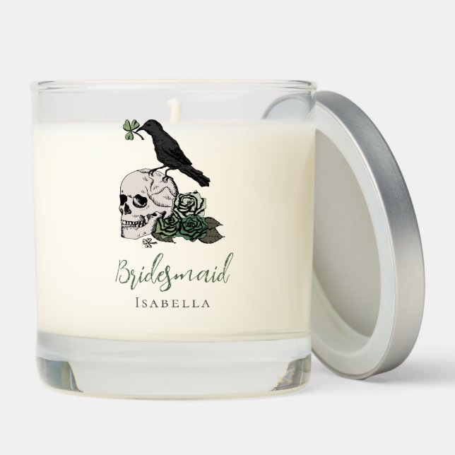 Gothic Green Skull & Roses Bridesmaid Gift Scented Candle (Lid)