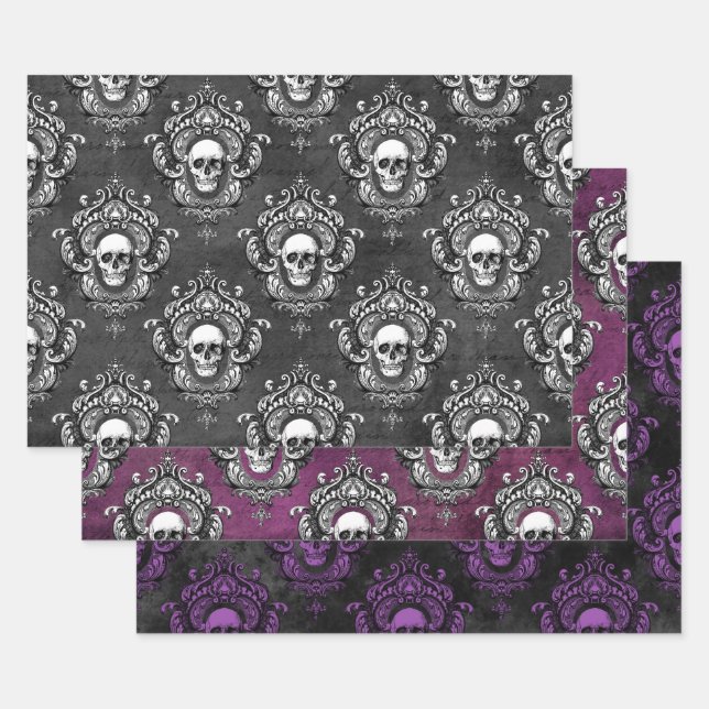Gothic Grey and Purple Skull Wrapping Paper Sheets (Set)