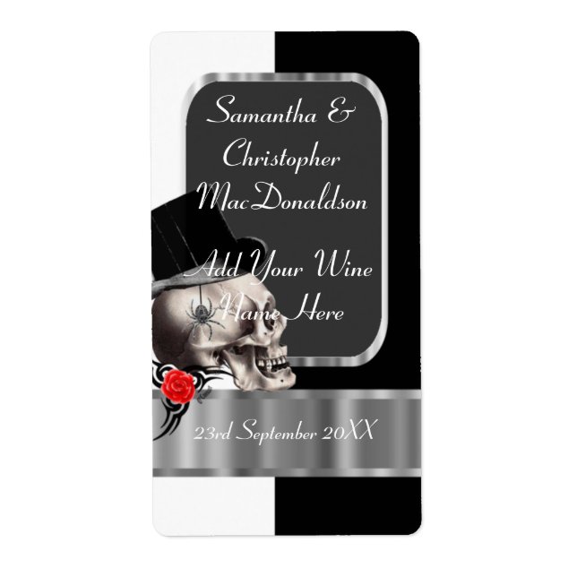 Gothic groom skull wedding wine bottle label (Front)