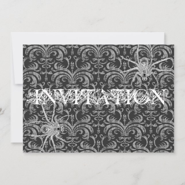 Gothic Grunge Damask Party Red & Black w/ Spiders Invitation (Front)