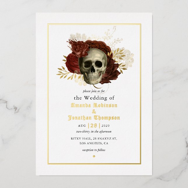 Gothic Grunge Floral Skull Wedding Foil Invitation (Front)