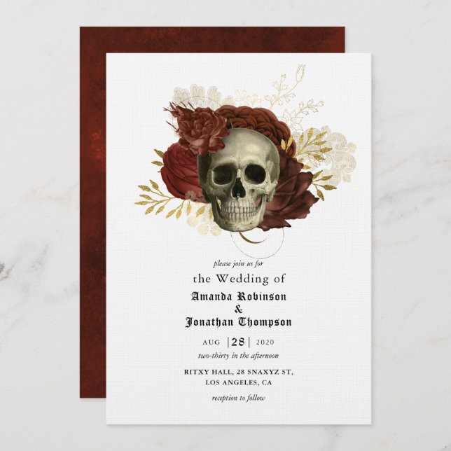Gothic Grunge Floral Skull Wedding Invitation (Front/Back)