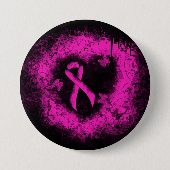 Gothic-grunge Hot Pink Awareness Ribbon Pinback Button (Front)