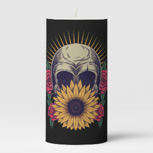 Gothic Grunge Skull Sunflower Rose Blossom Pillar Candle