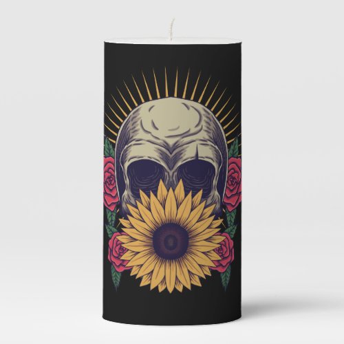 Gothic Grunge Skull Sunflower Rose Blossom Pillar Candle