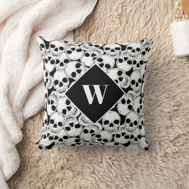 Gothic Grunge Skulls Patterned Monogram Throw Pillow (Blanket)