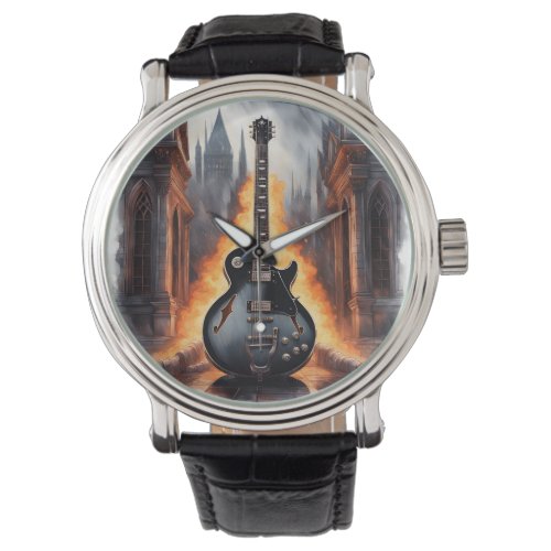 Gothic Guitar Fiery Artistry Amidst Architectural Watch