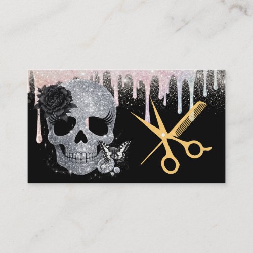 Gothic Hair Stylist Glitter Skull Gold Scissors Business Card