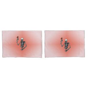 Gothic Half Skeleton Holding Red Rose Pink Pillow Case