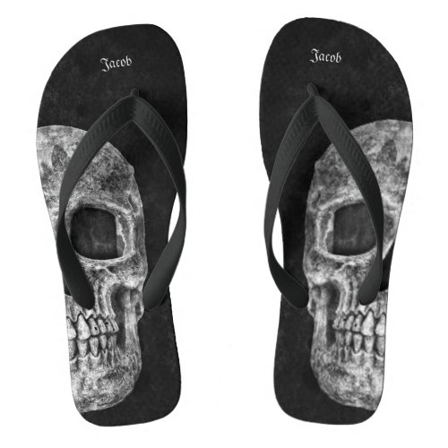 Gothic Half Skull Black And White Cool Grunge Flip Flops