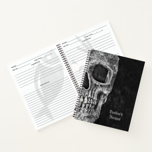 Gothic Half Skull Black And White Cool Recipes Notebook (Inside)