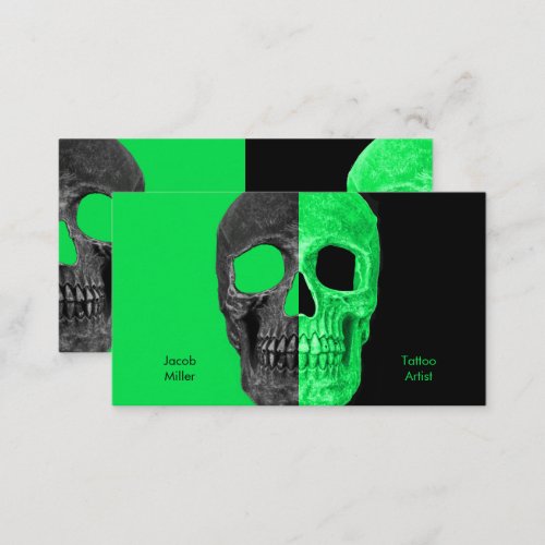 Gothic Half Skull Black Neon Green Tattoo Shop Business Card