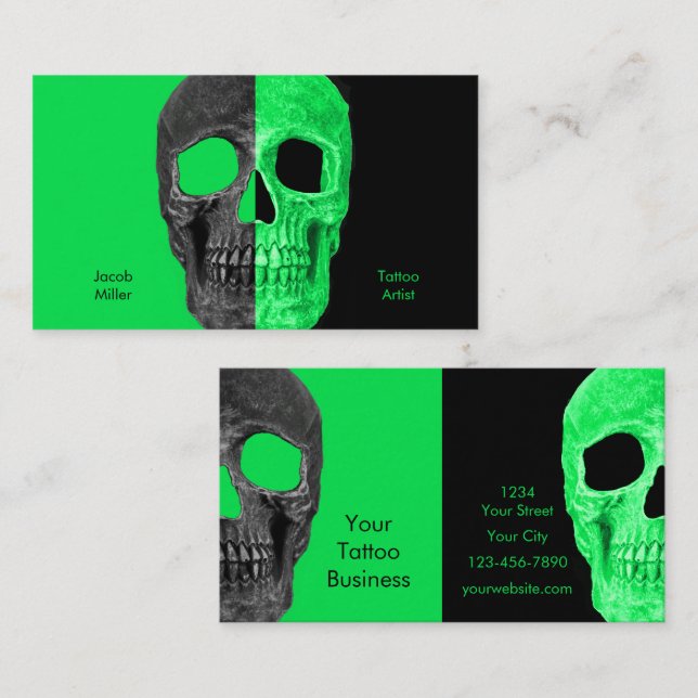 Gothic Half Skull Black Neon Green Tattoo Shop Business Card (Front/Back)