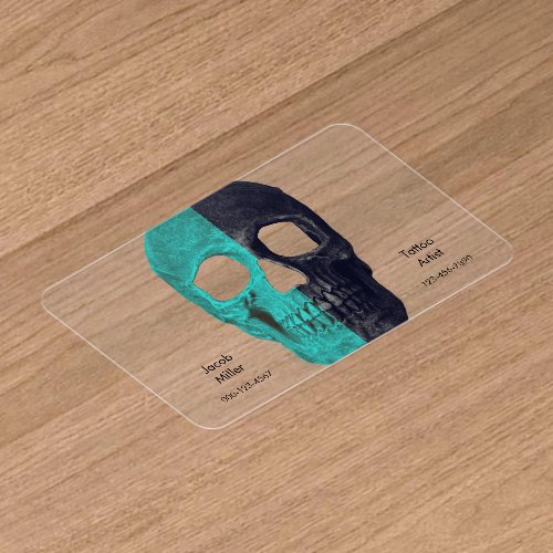 Gothic Half Skull Black Teal Cool Tattoo Shop Clear Business Cards