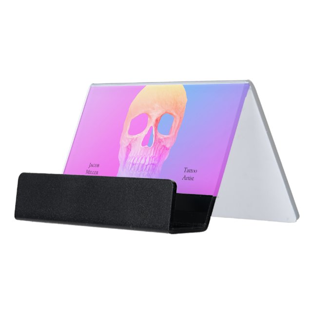 Gothic Half Skull Blue Pink Purple Tattoo Shop Desk Business Card Holder (Angled Front)