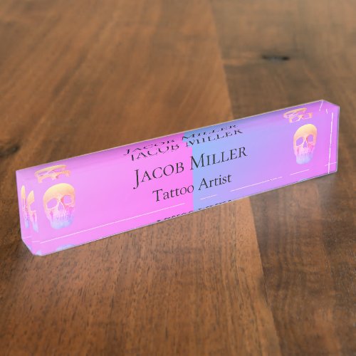 Gothic Half Skull Blue Pink Purple Tattoo Shop Desk Name Plate