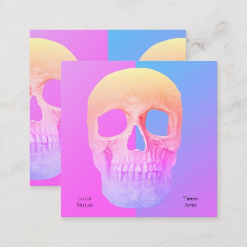 Gothic Half Skull Blue Pink Purple Tattoo Shop Square Business Card