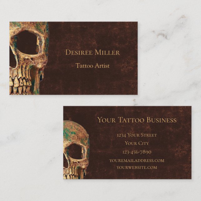 Gothic Half Skull Brown Texture Background Tattoo Business Card (Front/Back)