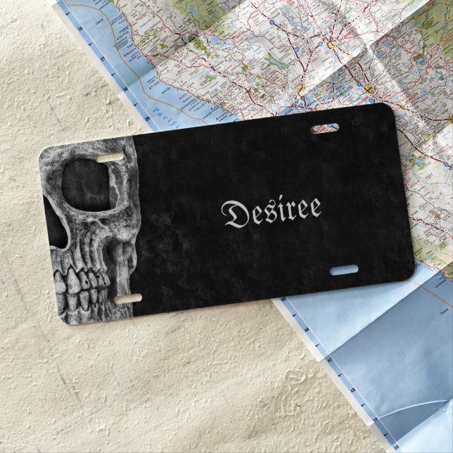 Gothic Half Skull Cool Black And White Grunge License Plate (In Situ)