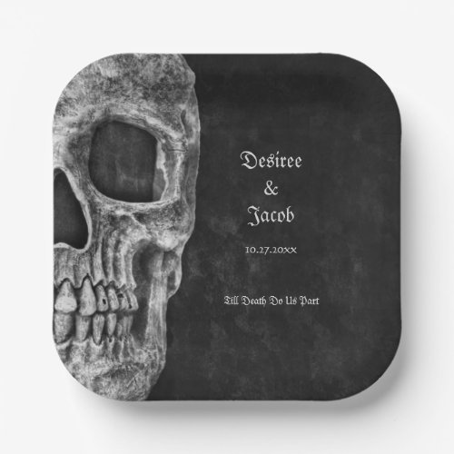 Gothic Half Skull Cool Black And White Grunge Paper Plates