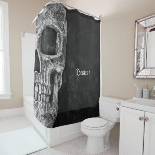 Gothic Half Skull Cool Black And White Grunge Shower Curtain