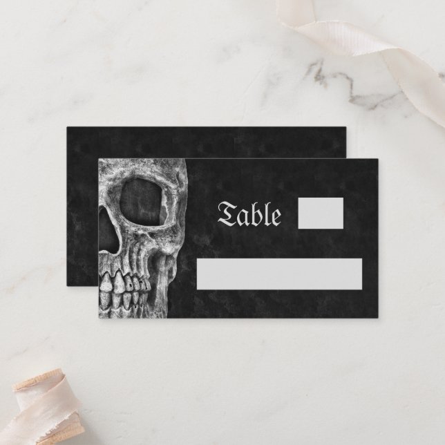 Gothic Half Skull Cool Black And White Wedding Place Card (Front/Back In Situ)