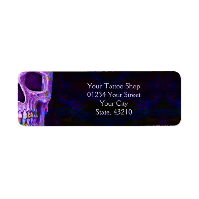 Gothic Half Skull Face Purple Blue Tattoo Shop Label (Front)