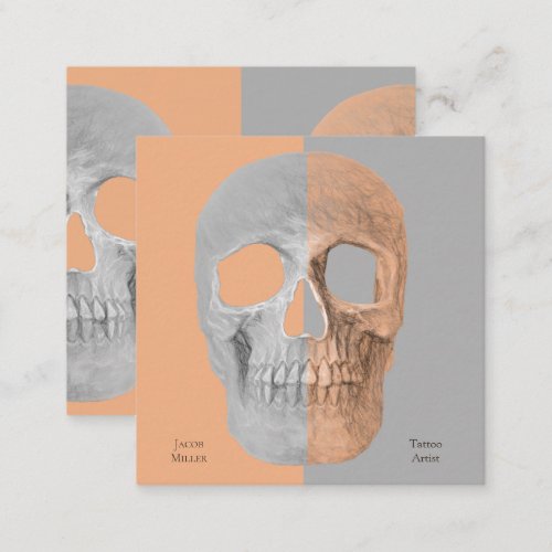 Gothic Half Skull Face Tan Gray Tattoo Shop Square Business Card