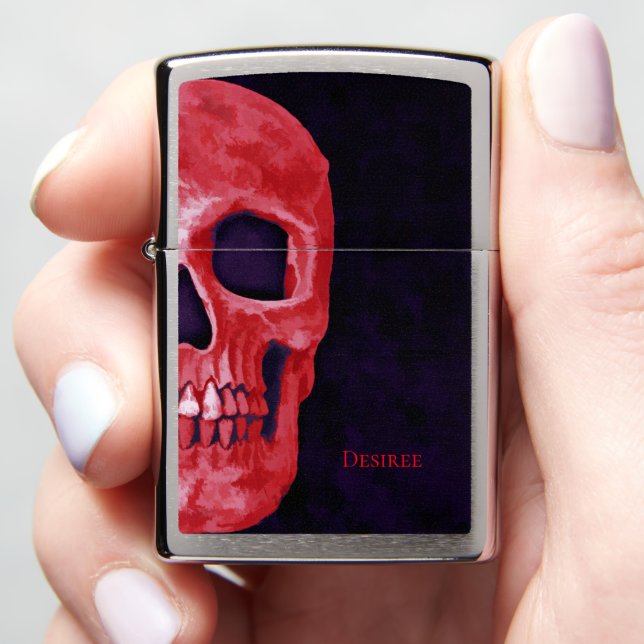 Gothic Half Skull Girly Red Purple Creepy Macabre Zippo Lighter (In Hand)