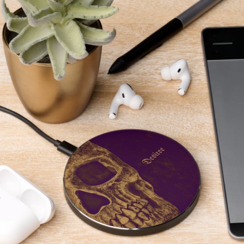 Gothic Half Skull Grunge Purple Gold Cool Wireless Charger