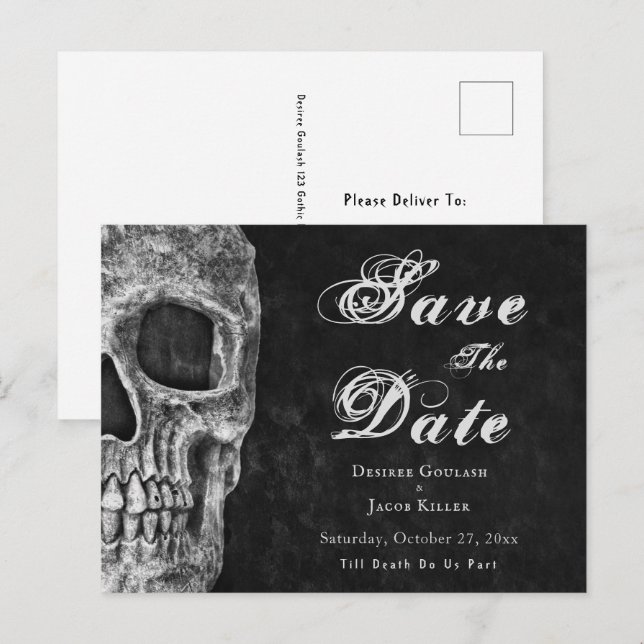 Gothic Half Skull Hallowedding Save The Date Announcement Postcard (Front/Back)
