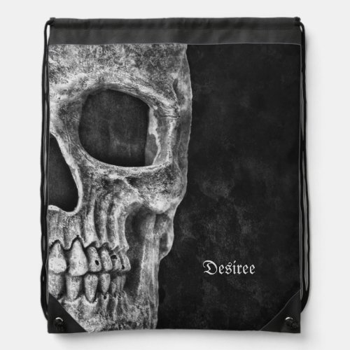Gothic Half Skull Head Black And White Cool Grunge Drawstring Bag