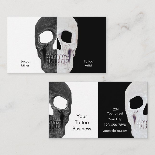 Gothic Half Skull Head Black And White Tattoo Shop Business Card (Front/Back)