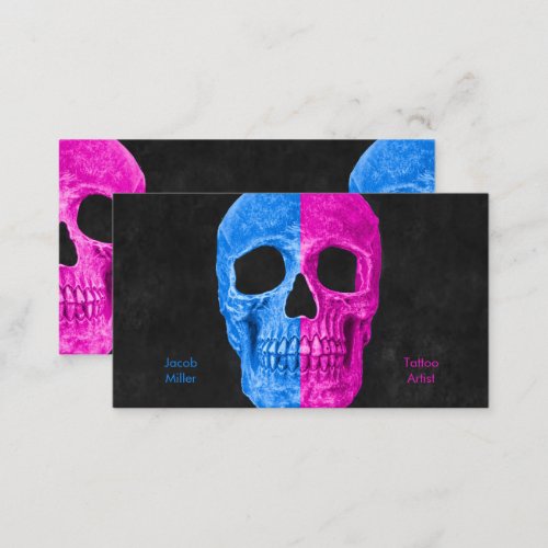 Gothic Half Skull Head Blue Pink Black Tattoo Shop Business Card