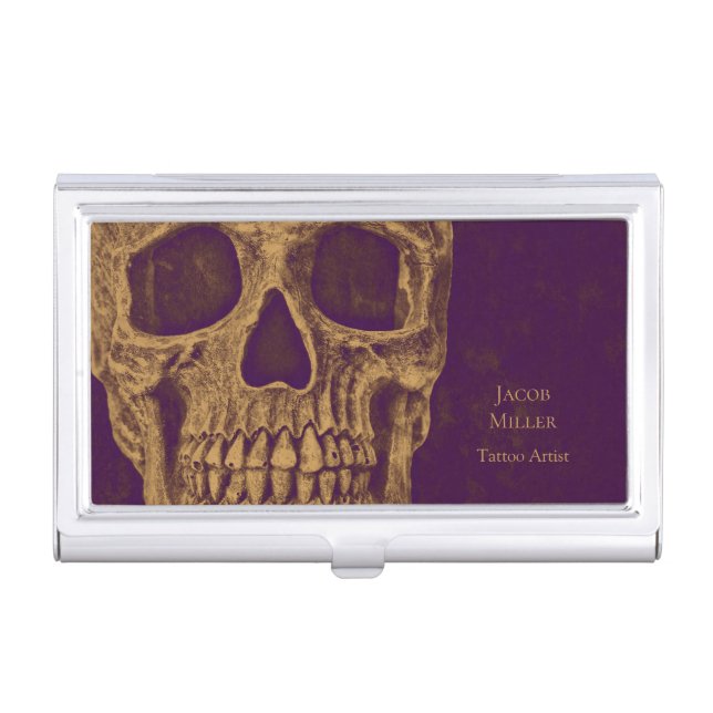 Gothic Half Skull Head Gold Purple Tattoo Shop Business Card Case (Front)