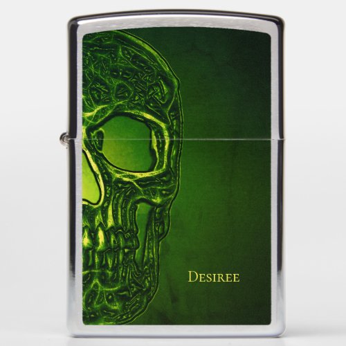 Gothic Half Skull Head Green Neon Metallic Zippo Lighter