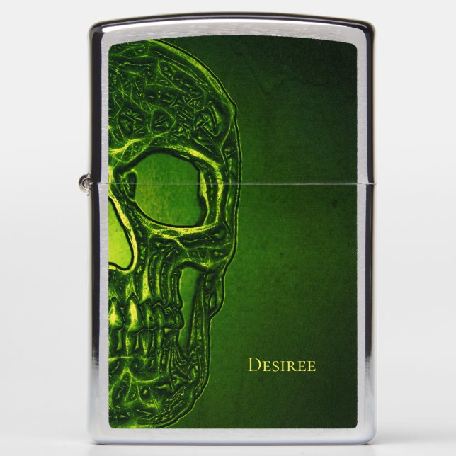 Gothic Half Skull Head Green Neon Metallic Zippo Lighter (Front)